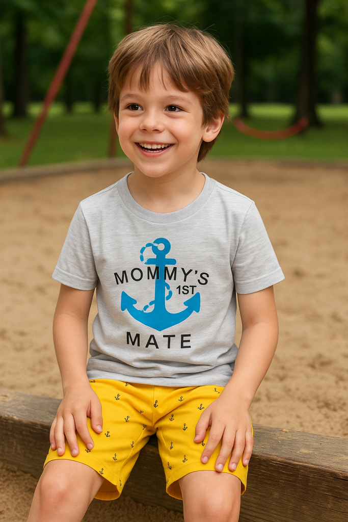 Toddler summer outfit featuring a light purple short-sleeve t-shirt with a blue anchor graphic and "Mommy's 1st Mate" text, paired with bright yellow shorts patterned with small blue anchors.