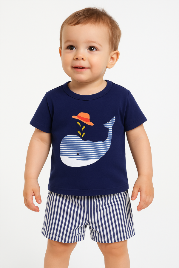 Toddler summer outfit featuring a navy blue- t-shirt with a white- striped whale graphic wearing a red hat and water spout detail, paired with white and navy vertical striped shorts.