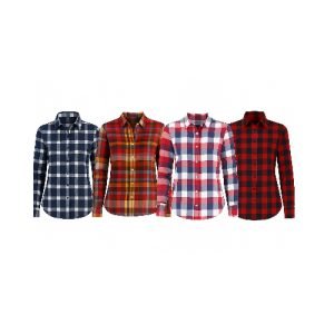 Women's long sleeve plaid flannel shirt available in blue, red-yellow, pink-blue, and red-black checkered patterns, displayed on a neutral background.