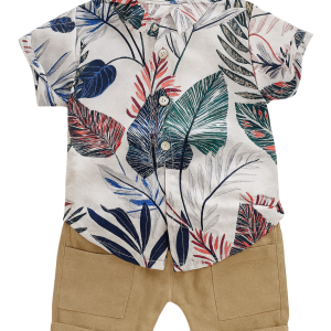 Tropical Leaf Print Toddler Boy’s Summer Shirt and Shorts Set Toddler boy's summer outfit featuring a short- sleeve button-up shirt with a tropical leaf print in shades of red, blue, green, and black.