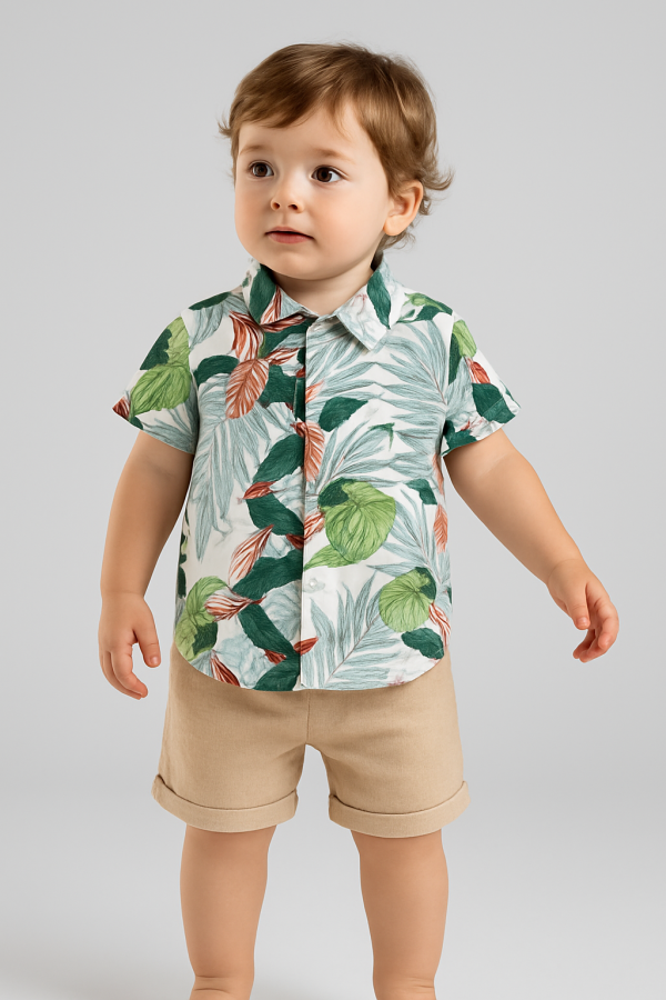 Toddler boy wearing a tropical leaf print button-up shirt and beige shorts.