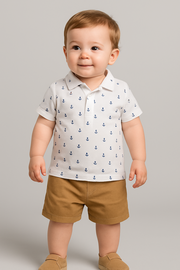 Toddler boy wearing a white polo shirt with blue anchor prints and khaki shorts.
