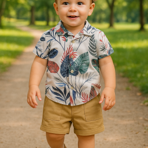Toddler boy's summer outfit featuring a short- sleeve button-up shirt with a tropical leaf print in shades of red, blue, green, and black.