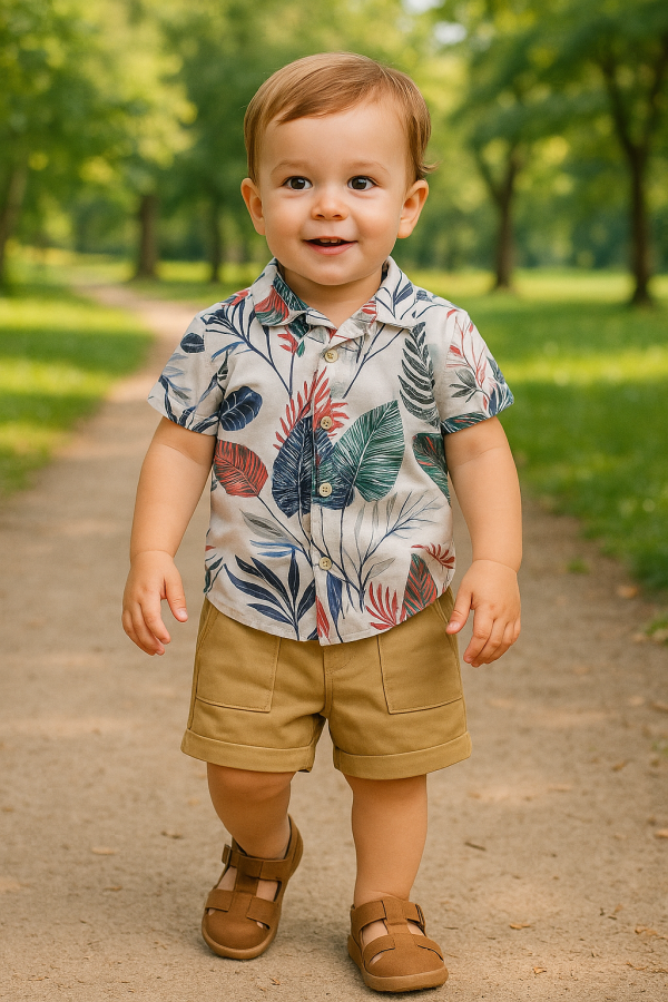 Toddler boy's summer outfit featuring a short- sleeve button-up shirt with a tropical leaf print in shades of red, blue, green, and black.