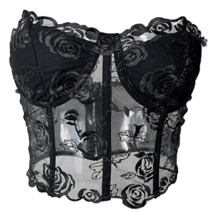 Showcasing the design and aesthetic details of Women's Floral Lace Corset Top. It highlights the intricate floral lace pattern, structurem and style, providing potential customers with a visual understanding of the product's elegance, fit, and material.