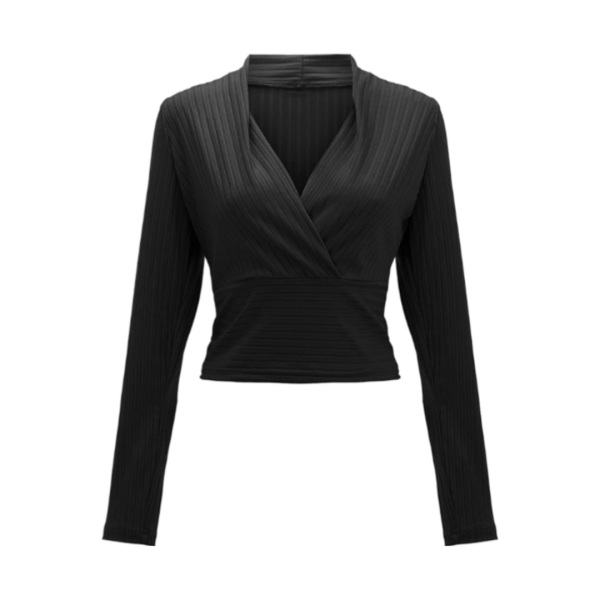 Long- sleeve wrap V- neck blouse with a fitted silhouette, perfect for an elegant and refined look.