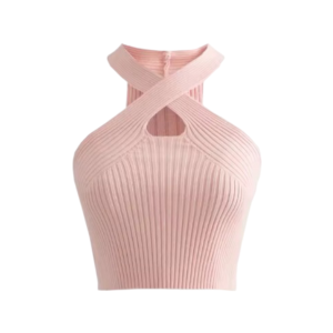 Screenshot 2024-10-17 155434 Blush pink crisscross ribbed halter top with high neck and sleeveless design.