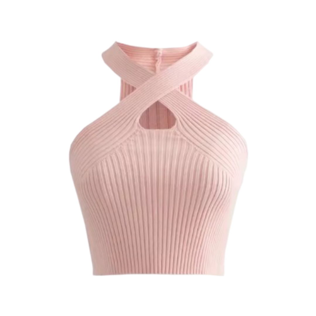 Blush pink crisscross ribbed halter top with high neck and sleeveless design.