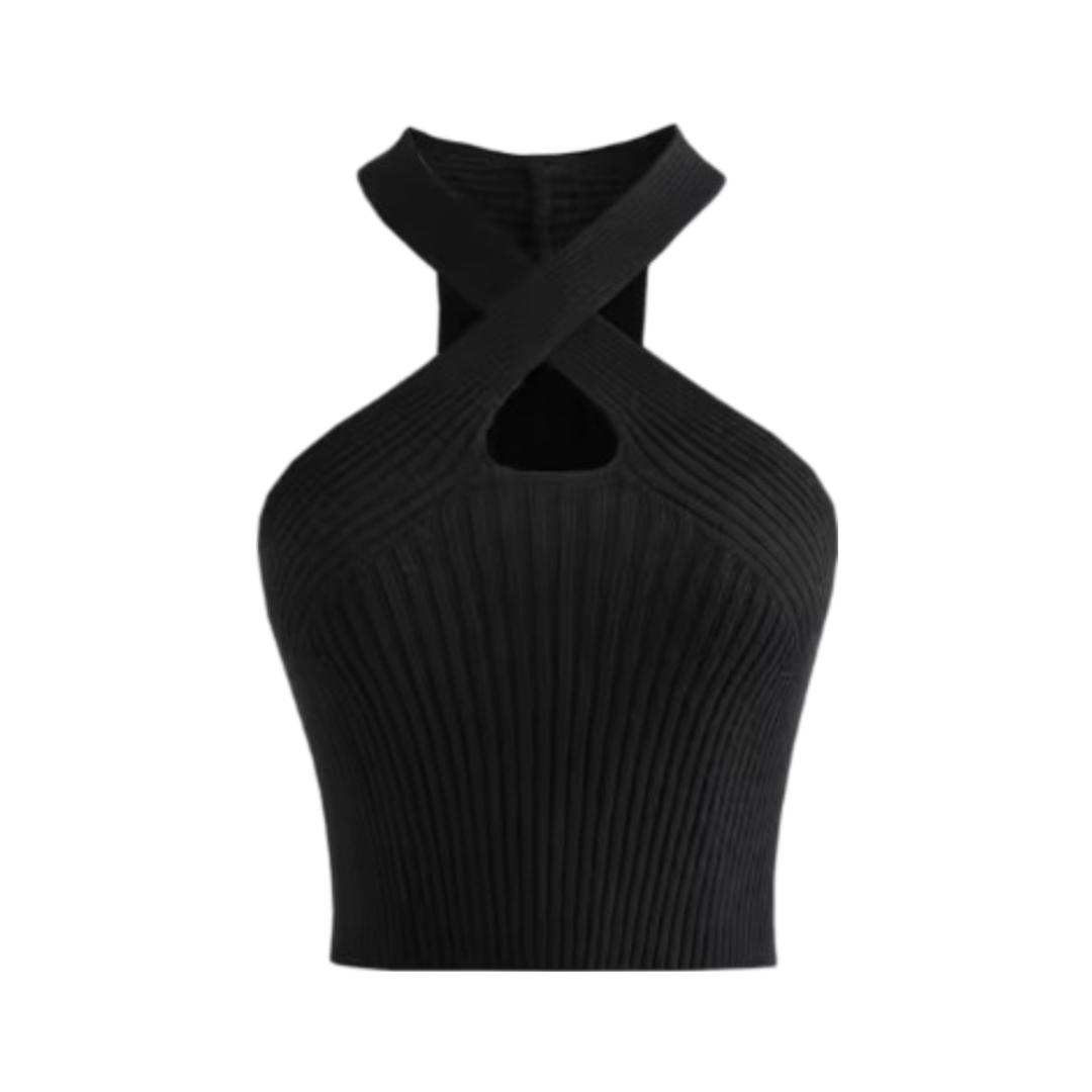 Black crisscross ribbed halter top with high neck and sleeveless design.
