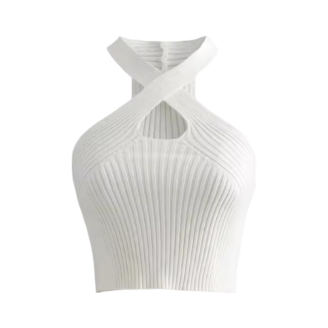 White crisscross ribbed halter top with high neck and sleeveless design.