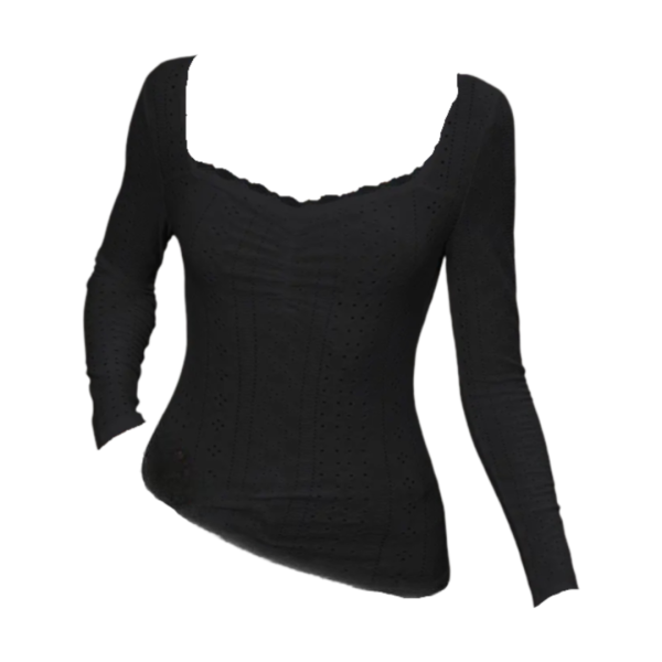 Black long- sleeve top with a sweetheart neckline, intricate embroidery, and eyelet details, paired with jeans for a stylish and elegant look.