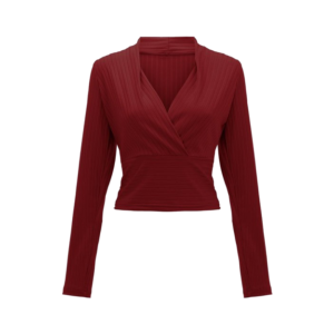 Long- sleeve wrap V- neck blouse with a fitted silhouette, perfect for elegant and refined look.