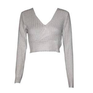 Long- sleeve V-neck ribbed crop top paired with jeans for a stylish and modern look