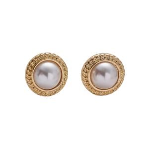 A pair of vintage - inspired stud earrings featuring round white pearls at the center, surrounded by a gold- tone textured halo. The design exudes timeless elegance, making these earrings perfect for both formal and everyday wear.