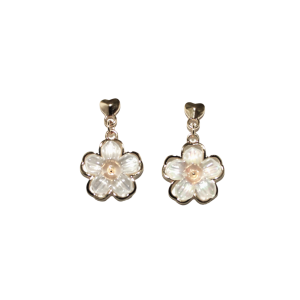 Our earrings features delicate floral petals with a shimmering white finish, accented by gold outlines and a small pearl center, suspended from a dainty heart- shaped stud.