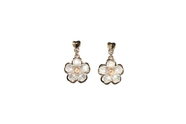Our earrings features delicate floral petals with a shimmering white finish, accented by gold outlines and a small pearl center, suspended from a dainty heart- shaped stud.