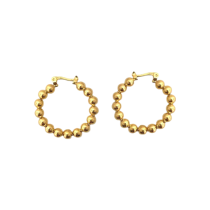 Our Pair of gold earrings features a round beaded detailing evenly spaced around the hoop, displaying against a plain white background