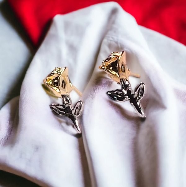 Rosebud Gold Earrings with Silver Leaf Accent - Image 3
