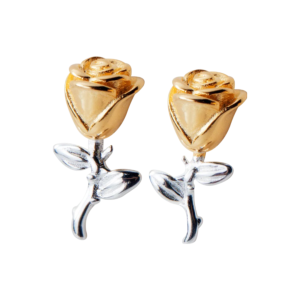 Gold rose stud earrings with silver leaf accents, featuring a two-tone floral design