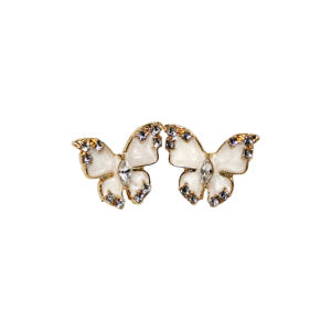 hese Earrings showcase a stunning butterfly design with intricate gold accents, white enamel wings, ad sparkling crystal details.