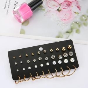 40- Piece Gold/ Silver and Crystal Stud & Hoop Earrings Set Assorted earrings, including stud and hoop styles, in a variety of sizes and designs.
