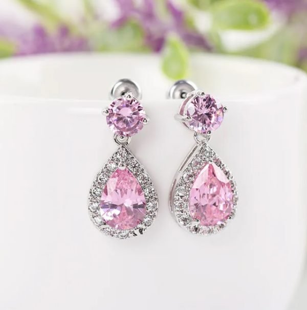 Pink Teardrop Crystal Dangle Earrings - Image 3