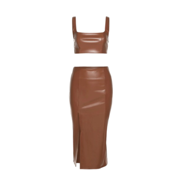Two- piece faux leather set featuring a crop top and high- waisted midi skirt with a fitted silhouette, perfect for a stylish and edgy look.