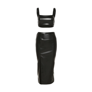Two- piece faux leather set featuring a crop top and high- waisted midi skirt with a fitted silhouette, perfect for a stylish and edgy look.