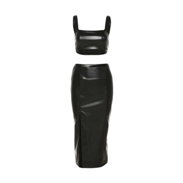 Two- piece faux leather set featuring a crop top and high- waisted midi skirt with a fitted silhouette, perfect for a stylish and edgy look.