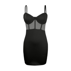 Sheer Panel Bodycon Mini Dress- Elegant Structured Fit Fitted mini dress with a structured bodice and thin shoulder straps. This dress features a sheer panel design on the bodice, providing a delicate and sophisticated look, while the skirt has a sleek, form-fitting style that accentuates the silhouette.
