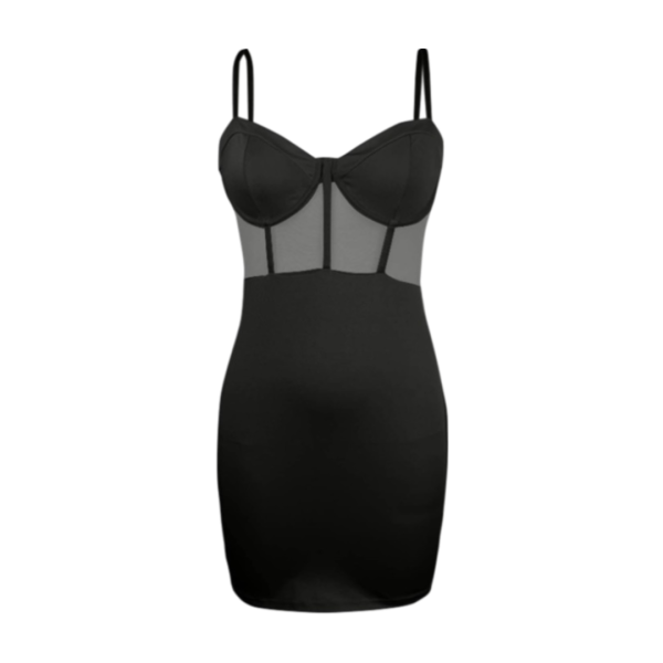 Fitted mini dress with a structured bodice and thin shoulder straps. This dress features a sheer panel design on the bodice, providing a delicate and sophisticated look, while the skirt has a sleek, form-fitting style that accentuates the silhouette.