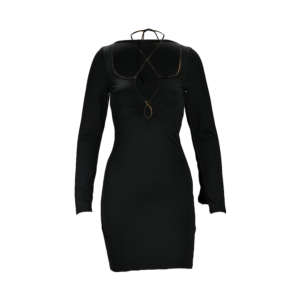 ChicBlack cut- Out Bodycon Dress with Strappy Design- Features a bold front cut out, off- shoulder long sleeves, and a figure- hugging silhouette. Perfect for a night out or special special occasion, this dress combines elegance and edge with its unique neckline and fitted shape.