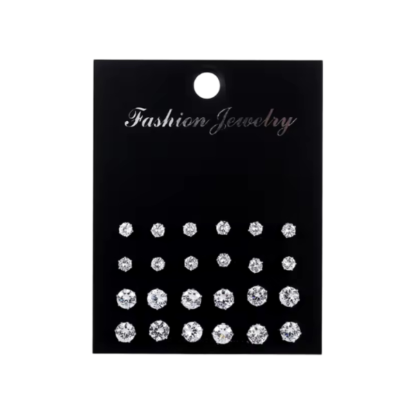 Silver stud earring set, featuring multiple sparkling studs in various sizes