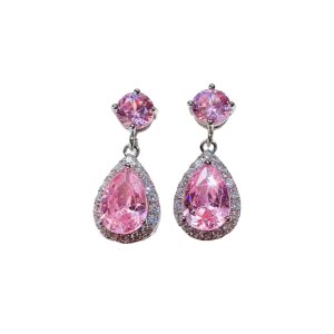 A pair of elegant drop earrings featuring pink teardrop- shaped gemstones surrounded by a halo of small clear crystals. The earrings also include a smaller round pink gemstone at the top, connected to the teardrop pendant by a delicate metal link.