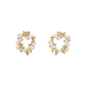 A pair of gold wreath-shaped earrings adorned with small white pearls and crystal accents, designed in a delicate and vintage inspired style.