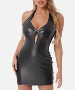 Halter Neck Faux Leather Bodycon Dress