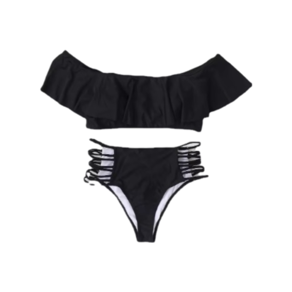 Black two- piece swimsuit featuring a ruffled off- the- shoulder top and high- waisted bikini bottoms with side lattice cut- out detailing.