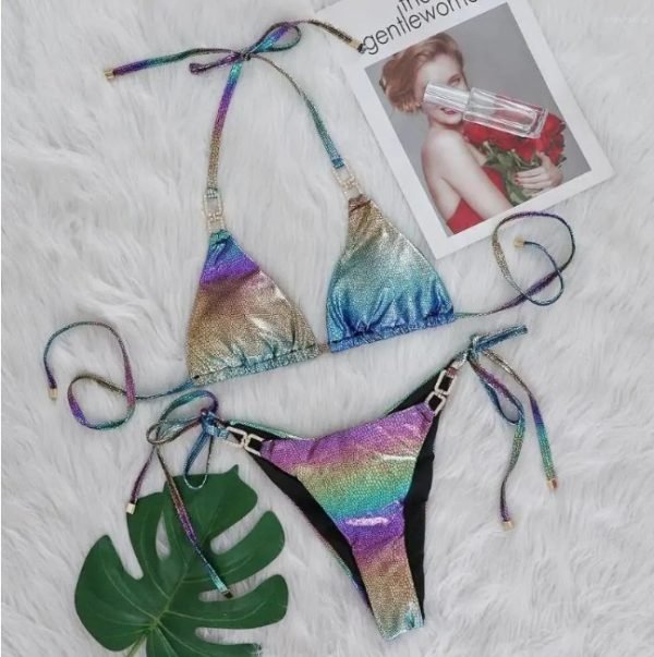Shimmering Metallic Rainbow Tie Bikini Set - Image 3