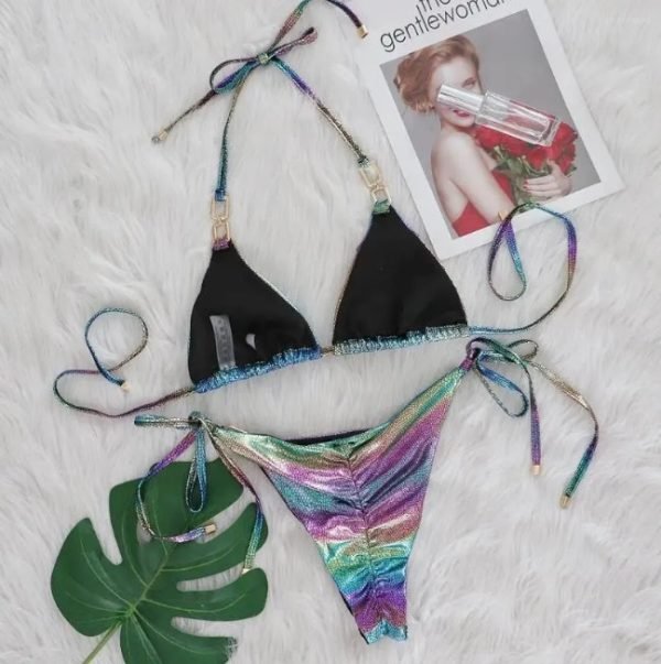 Shimmering Metallic Rainbow Tie Bikini Set - Image 4