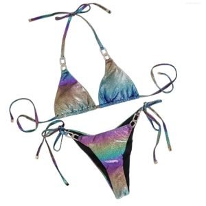 Shimmering rainbow bikini set with adjustable halter ties and side - tie bottoms, featuring metallic hues and sleek metal accents.