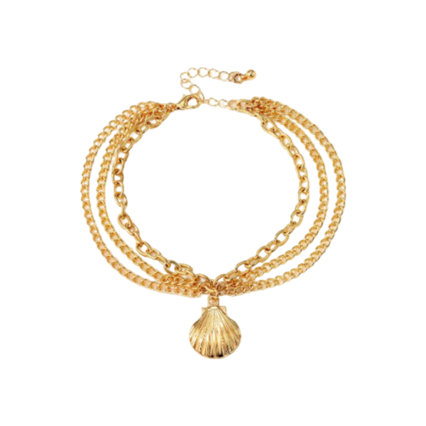 A gold layered anklet featuring multiple chain designs and a seashell charm, combining elegance with a coastal- inspired touch.