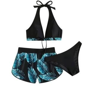 Tropical Leaf Print Halter Bikini Set with High- Waisted Shorts Halter bikini top with a tie neck and tropical leaf print high- waisted shorts, paired with matching bikini bottoms.