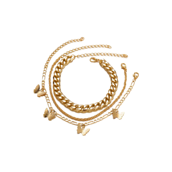 Gold bracelets, including a chunky chain link design, a twisted rope- style chain, and a delicate chain adorned with butterfly charms.