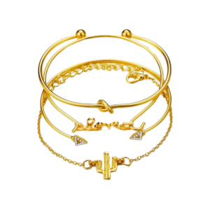 Set of gold bangles and bracelets featuring a mix of designs, including a knot motif, delicate chains, a cactus charm, and arrowhead accents, combining modern and boho styles.