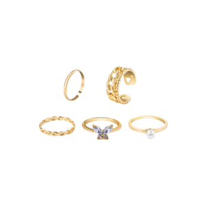 A set of gold- tone rings featuring various designs, including a chain- link band, a twisted rope band, a butterfly with crystal accents, a minimalist band, and a pearl accented ring.