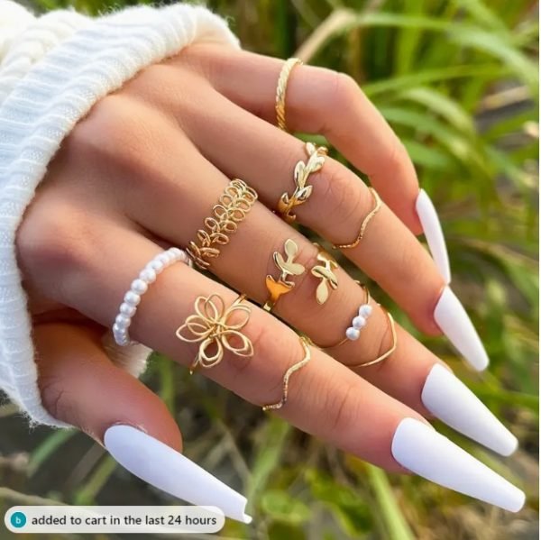 Gold- Tone Floral and Pearl Ring Set - Image 2