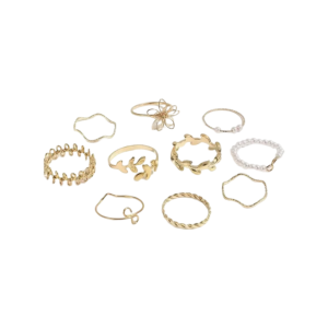 A set of gold- tone rings featuring various designs, including a floral motif, chain- link patterns, twisted bands, pearl accents, and minimalist styles.