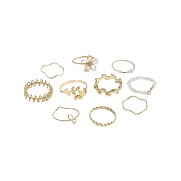 A set of gold- tone rings featuring various designs, including a floral motif, chain- link patterns, twisted bands, pearl accents, and minimalist styles.