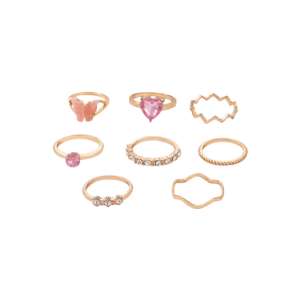 Gold- Tone Pink Butterfly and Heart Ring Set