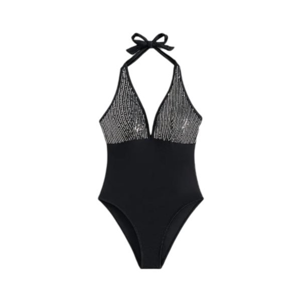 Black one- piece swimsuit with halter neckline, V- Shaped front, and bedazzled top portion covered in rhinestones.